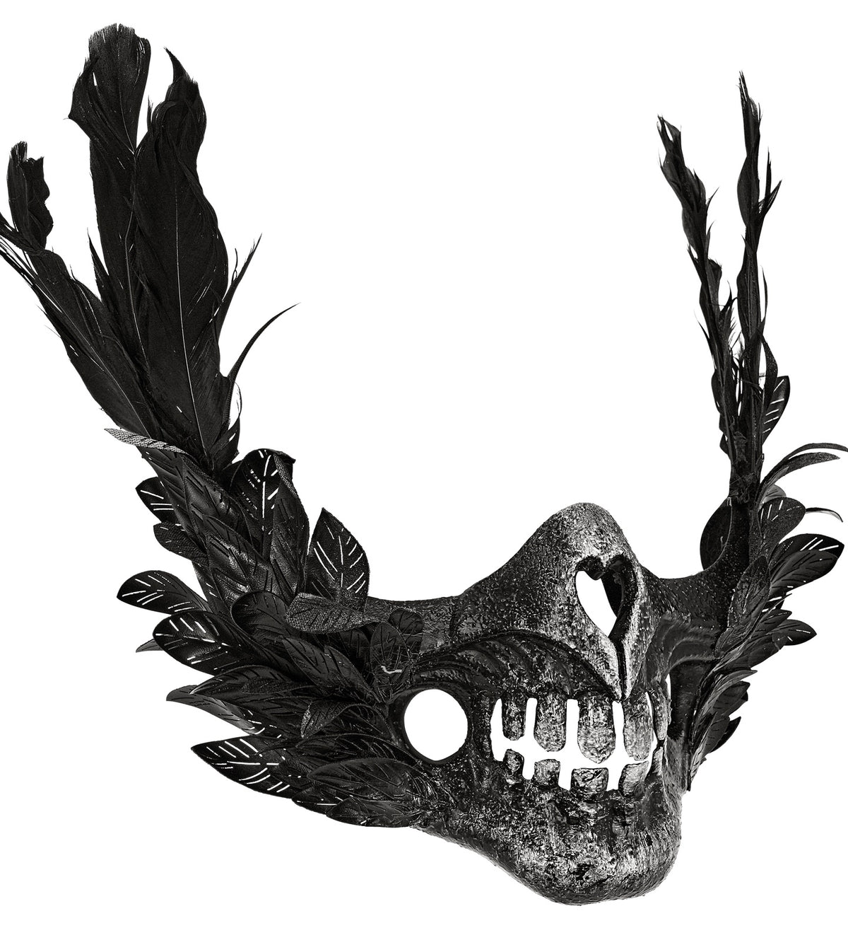 Mezza Maschera Teschio con Piume Nere Viso Scheletro Horror