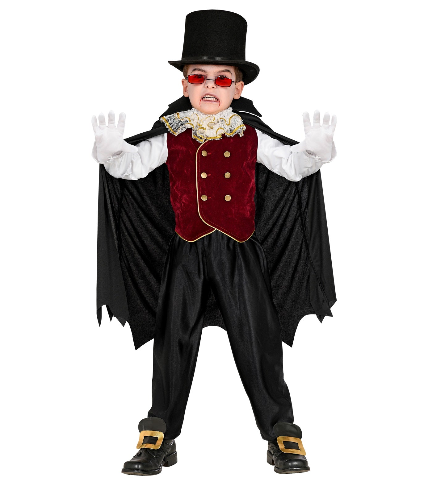 Costume Vampiro Bambino Maglia con Gilet in Vellutino Bordeaux Jabot e Mantello Conte Dracula Halloween