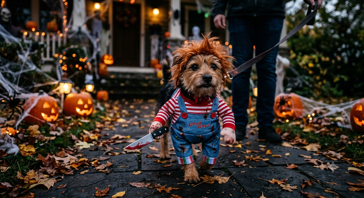 Costume Cane Diabolico Chucky con Coltello Halloween
