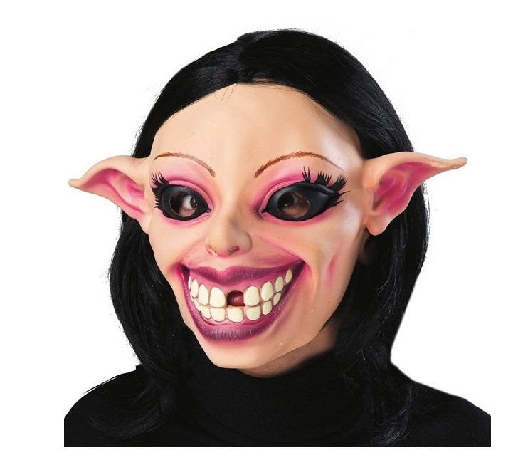 Maschera Aliena in Lattice Intera con Capelli Neri Elfa Orecchie a Punta Horror