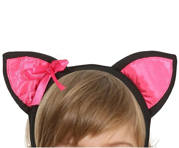 Costume Neonata Gattina Nera con Particolari in Rosa Abito e Cerchietto con Orecchie