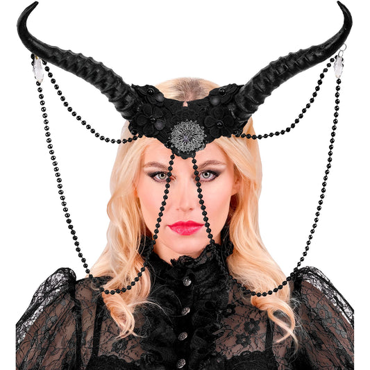 Copricapo Gotico Deluxe con Corna Perle e Gioielli Malefica Halloween