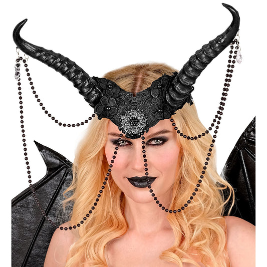 Copricapo Gotico Deluxe con Corna Perle e Gioielli Malefica Halloween