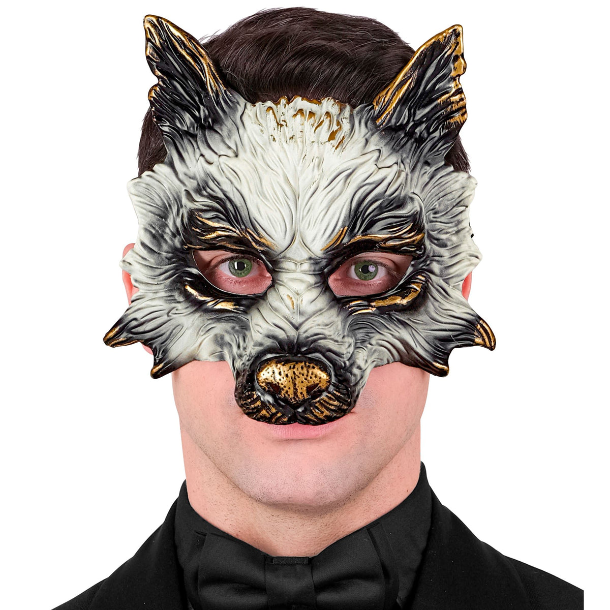 Mezza Maschera Rigida Animale Lupo Con Dettagli Dorati