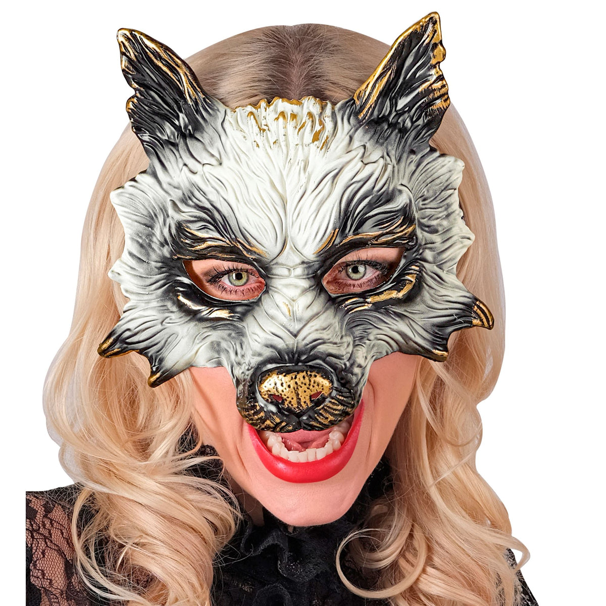 Mezza Maschera Rigida Animale Lupo Con Dettagli Dorati