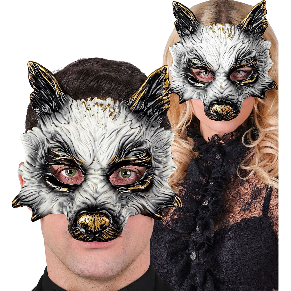 Mezza Maschera Rigida Animale Lupo Con Dettagli Dorati