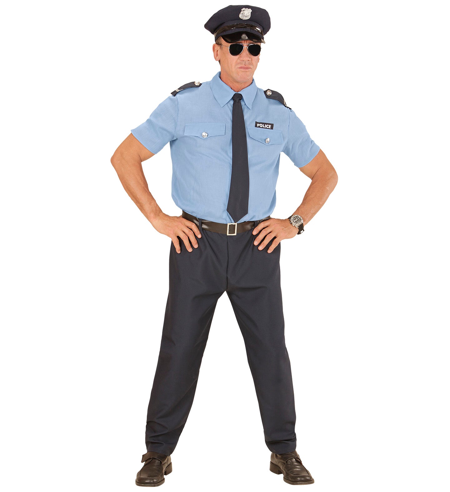 Costume Poliziotto con Camicia Pantaloni Cintura Cravatta e Cappello Adulto