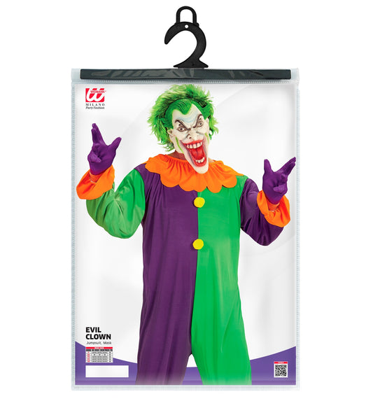 Costume Clown Malvagio Adulto Completo di Maschera in Lattice e Tuta Intera Joker Folle DC