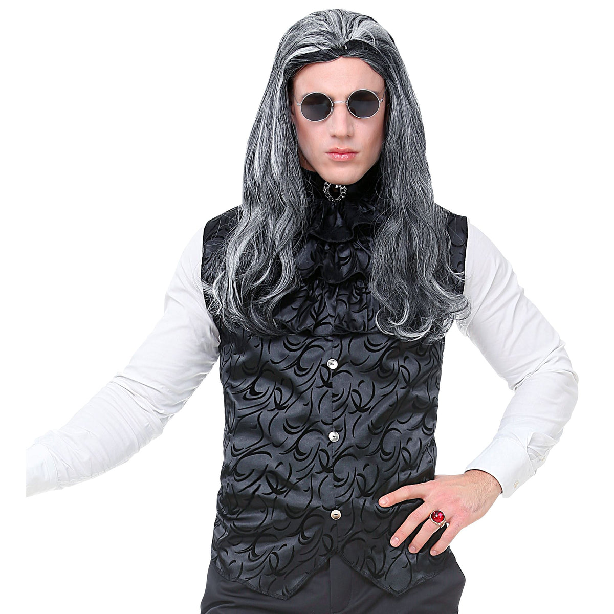 Gilet Gotico Damascato Nero Con Jabot E Gemma Uomo Vampiro Conte Dracula
