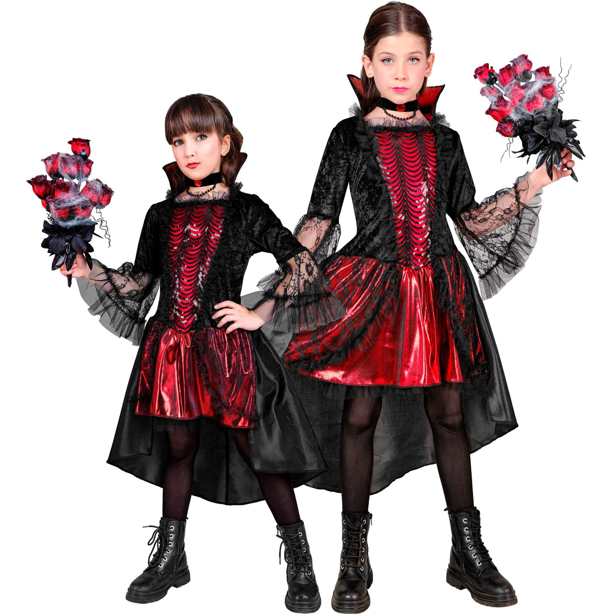 Costume Bambina Vampiressa Gotica Deluxe Rossa Vestito e Girocollo