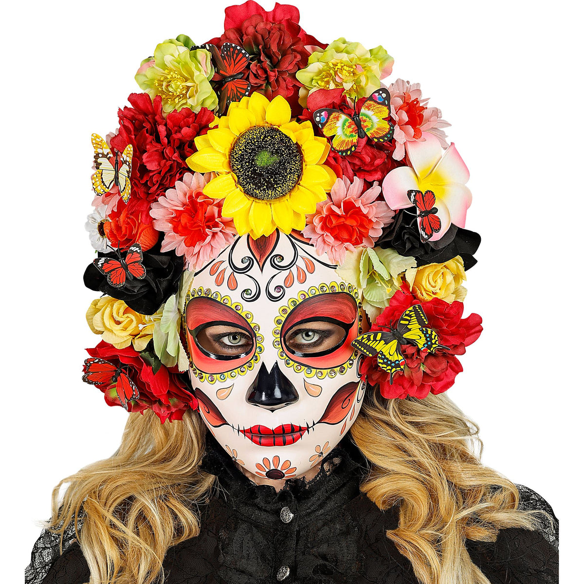 Maschera Deluxe Dia De Los Muertos con Girasole Fiori e Farfalle Colorate Catrina Halloween