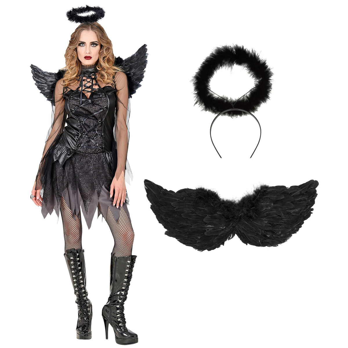 Costume Donna Angelo Nero Dark Completo di Ali ed Aureola Halloween