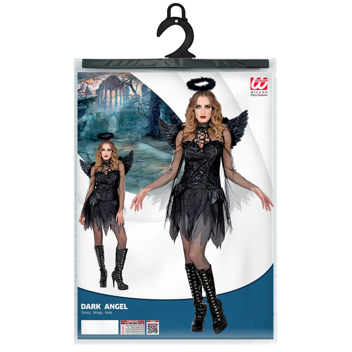 Costume Donna Angelo Nero Dark Completo di Ali ed Aureola Halloween