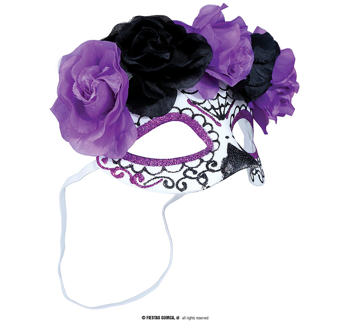 Maschera Rigida Catrina Morte Messicana con Fiori Viola e Neri Halloween