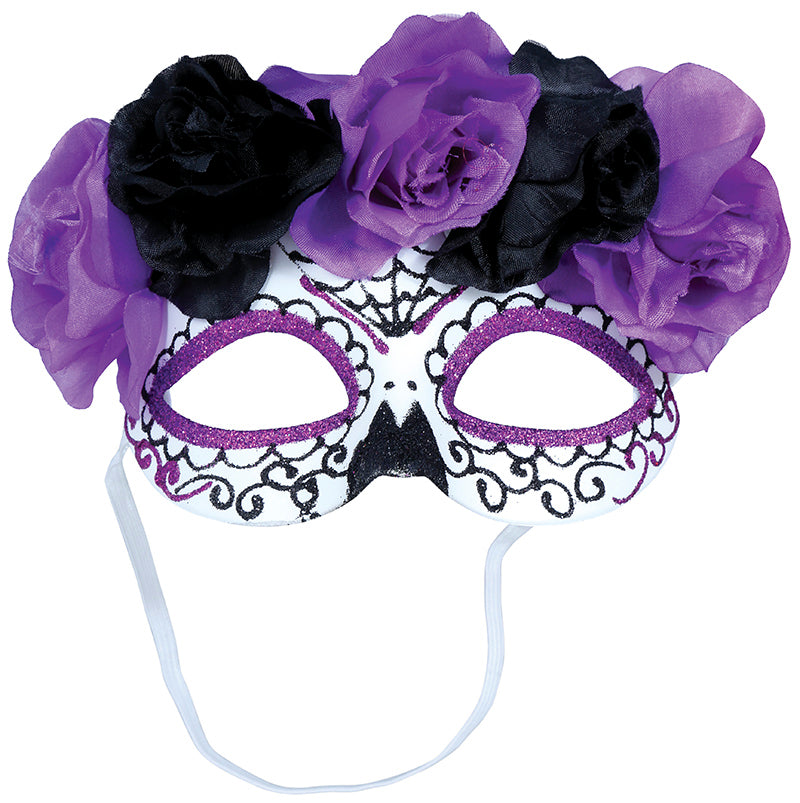 Maschera Rigida Catrina Morte Messicana con Fiori Viola e Neri Halloween