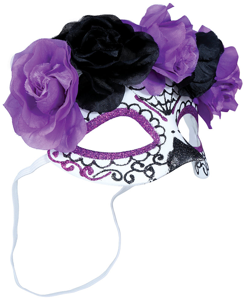 Maschera Rigida Catrina Morte Messicana con Fiori Viola e Neri Halloween