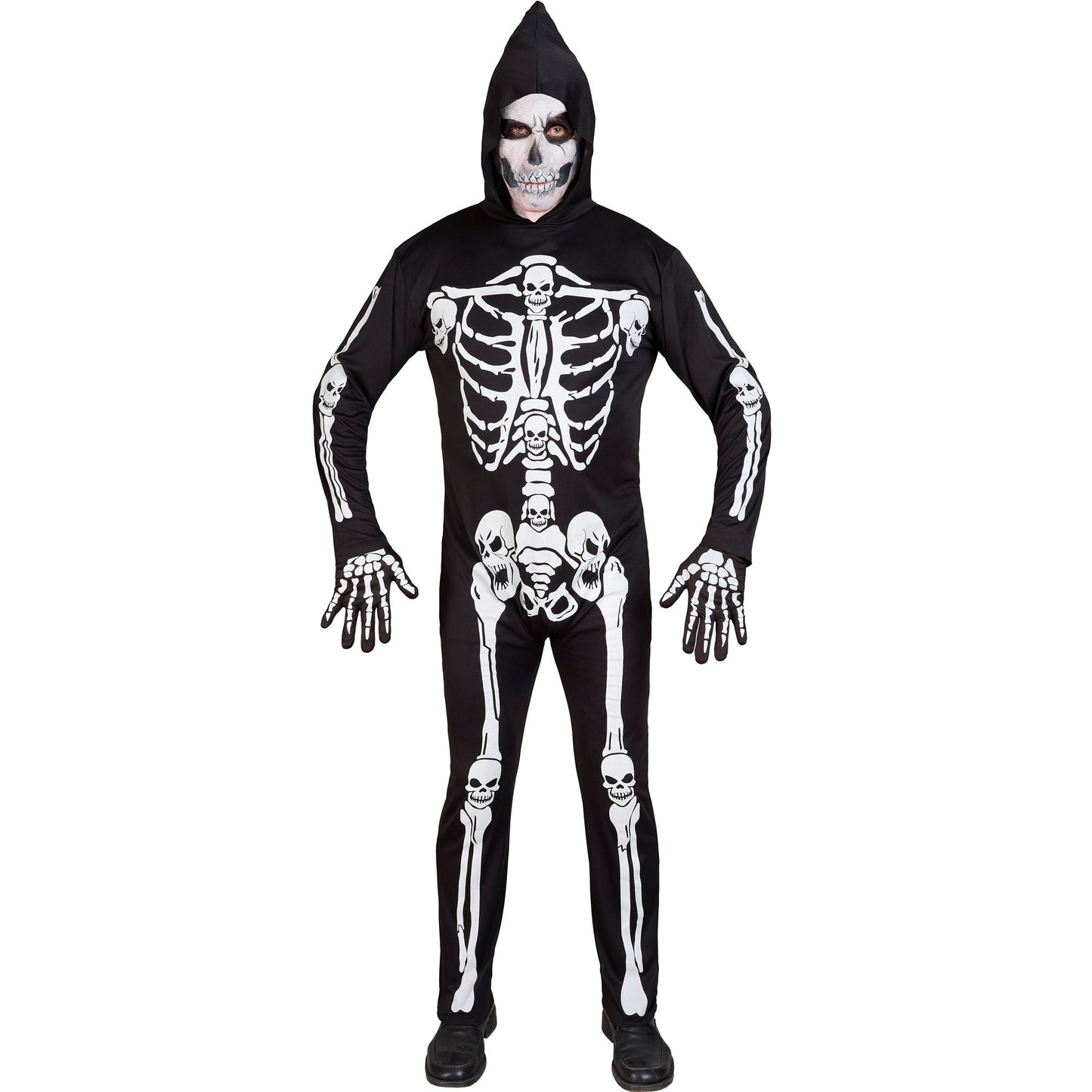 Costume Scheletro Adulto Tuta con Cappuccio Ossa Mostro Halloween Morte Messicana