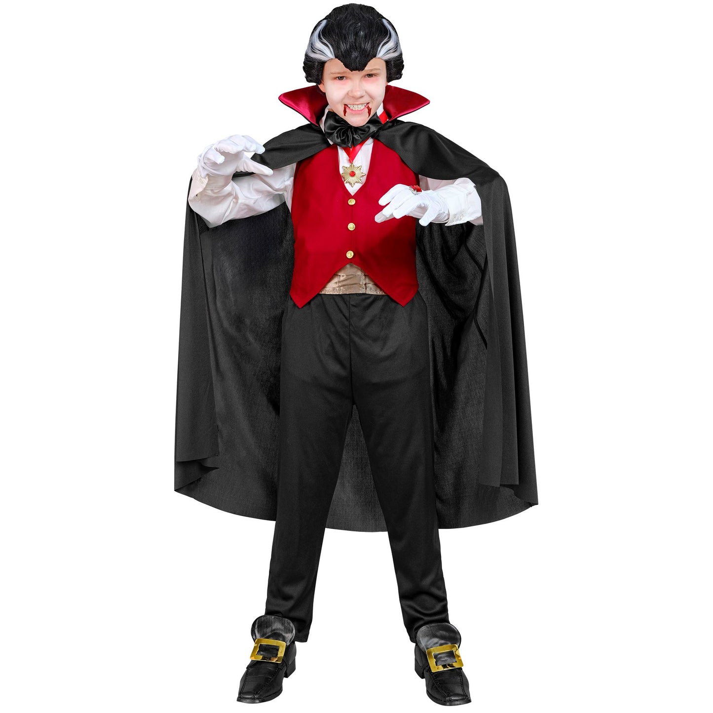 Costume Vampiro con Gilet, Fusciacca, Farfallino, Collana con Medaglione, Guanti e Mantello 1