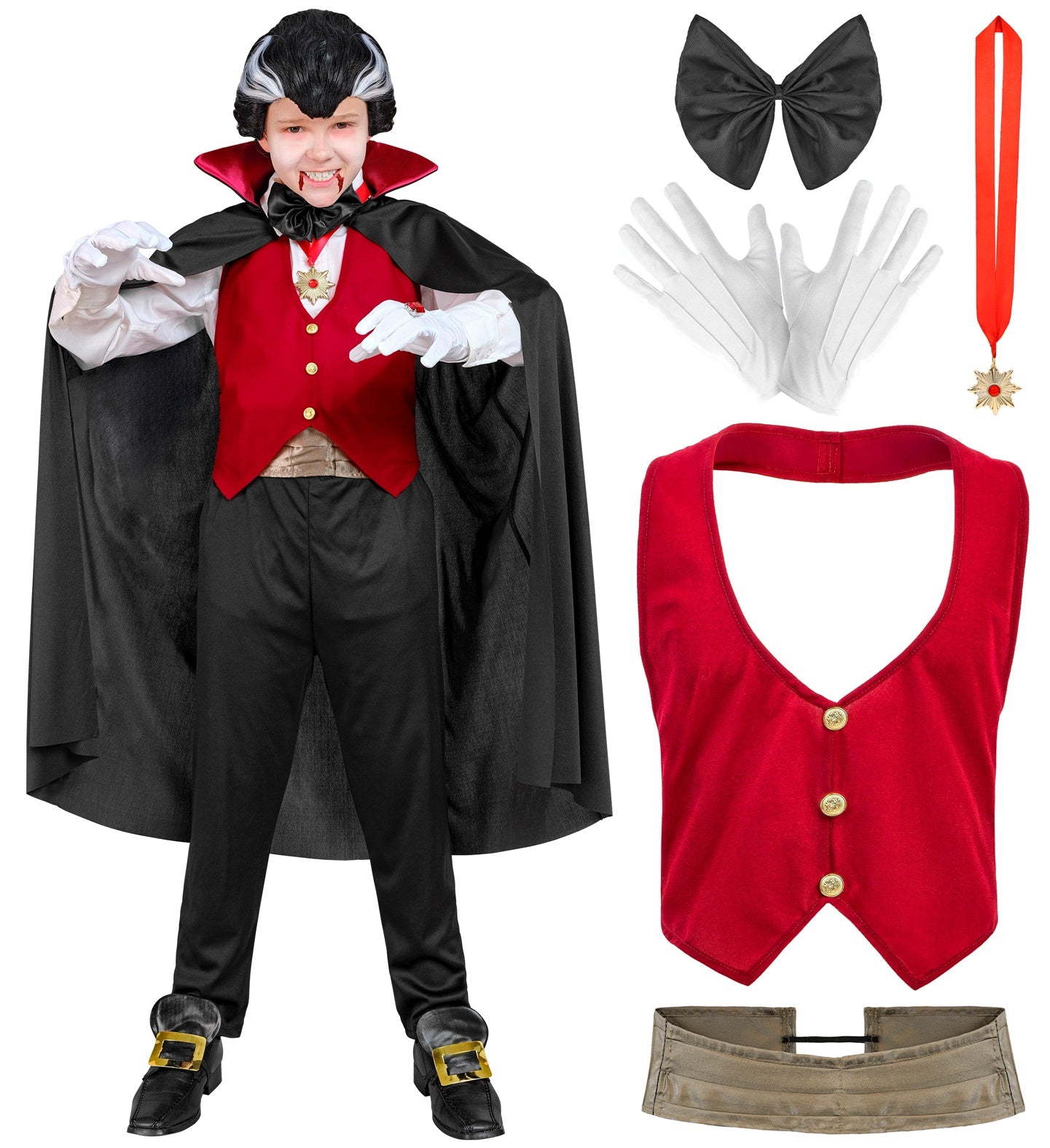 Set Vampiro con Gilet Cintura Papillon Collana con Medaglione Guanti e Mantello Conte Dracula