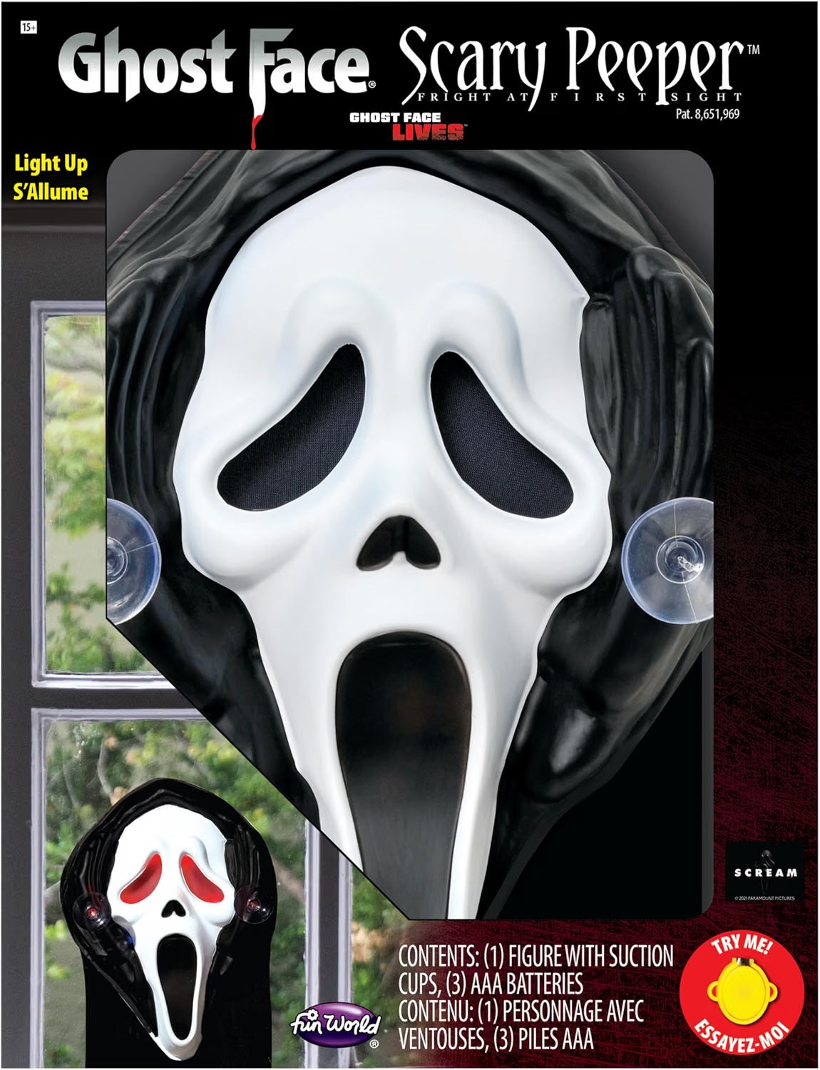Decorazione Ghost Face da Interno con Occhi Luminosi e Ventosa Scream Halloween