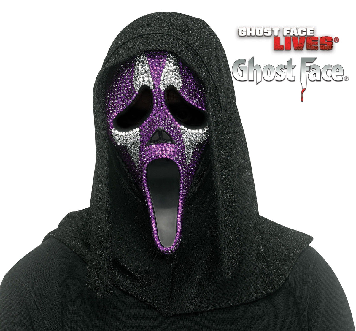 Maschera Ghost Face con Brillantini Bianchi e Viola con Cappuccio Glitterato Originale Scream Halloween