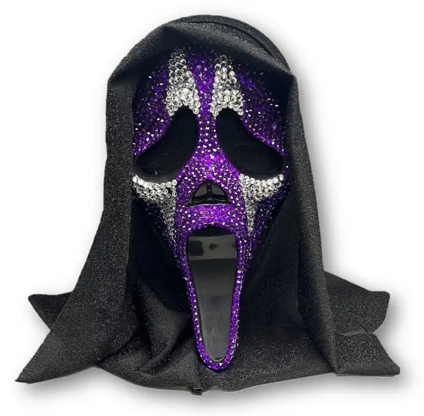 Maschera Ghost Face con Brillantini Bianchi e Viola con Cappuccio Glitterato Originale Scream Halloween