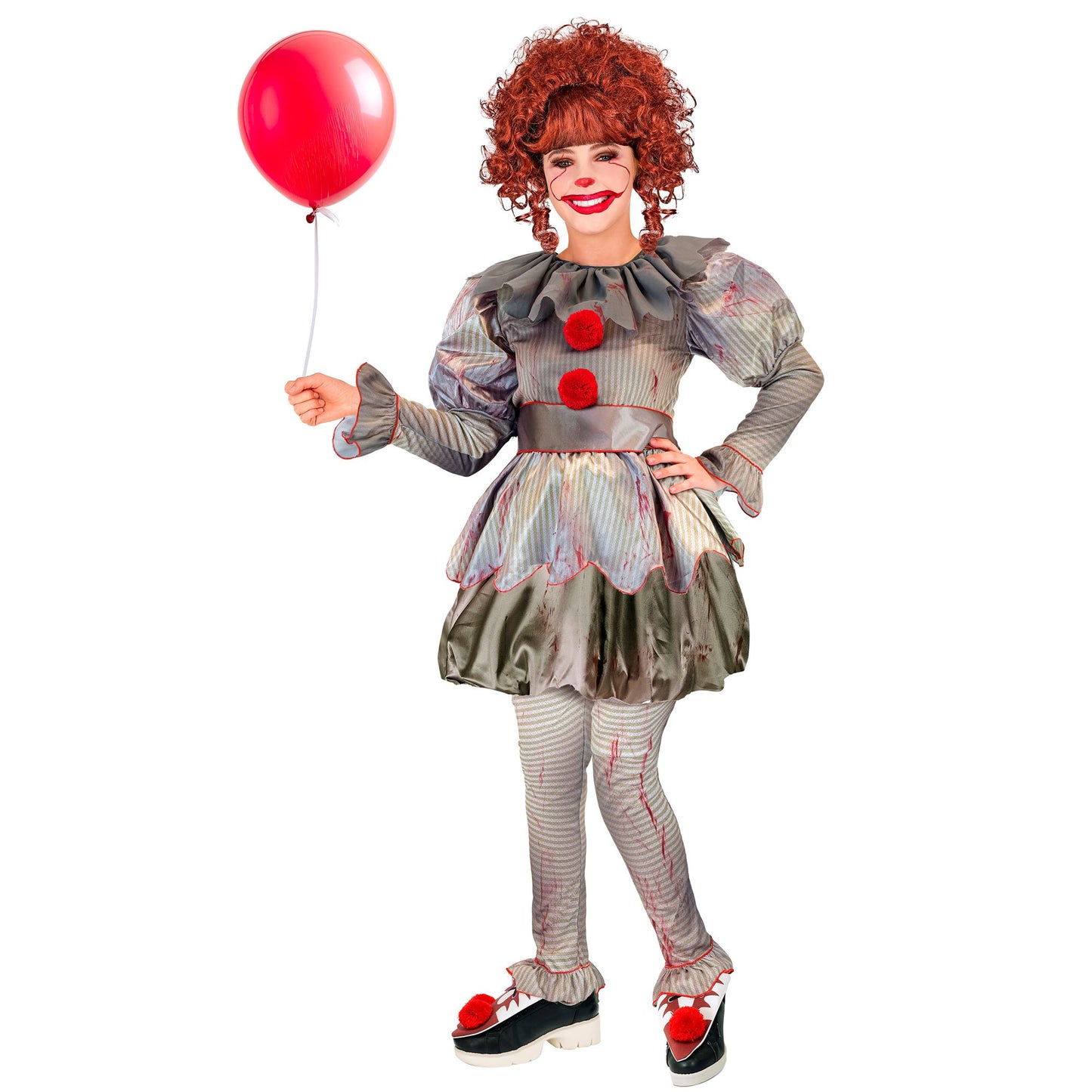 Costume Clown IT Killer Bambina con Maglia Pantalone Cintura e Copri scarpe Pagliaccia Horror