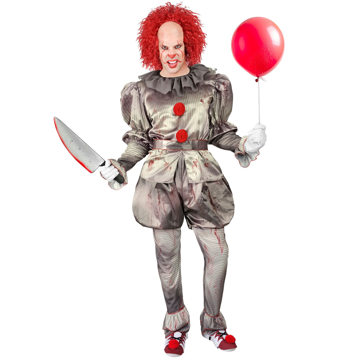 Costume Clown IT Killer Uomo Con Vestito Pantaloni Cintura e Copri Scarpe Pagliaccio Horror