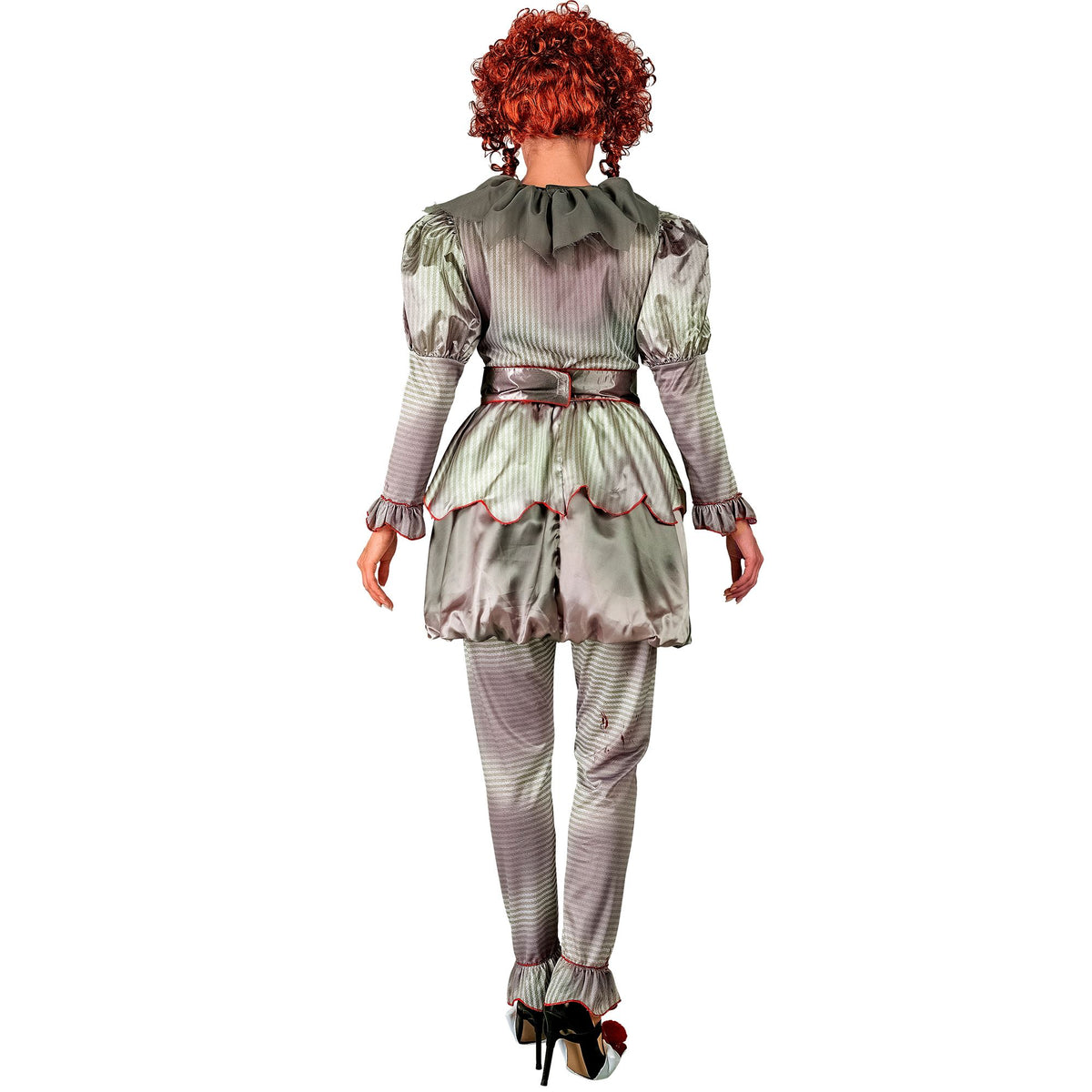 Costume Clown IT Killer Donna Con Vestito Leggings Cintura e Copri Scarpe Pagliaccia Horror