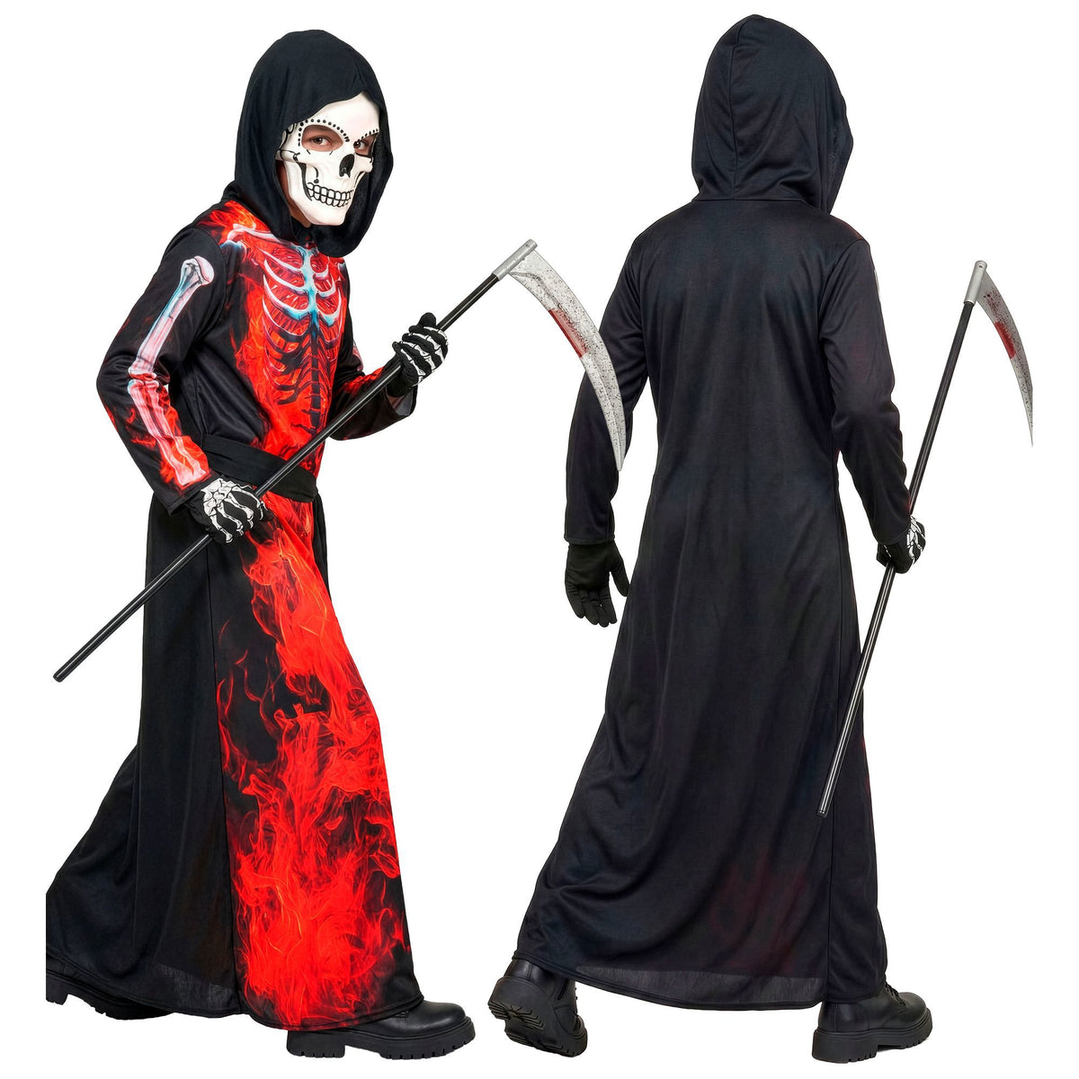 Costume Bambino Scheletro Demone Mietitore Tunica con Cappuccio e Maschera Horror Halloween