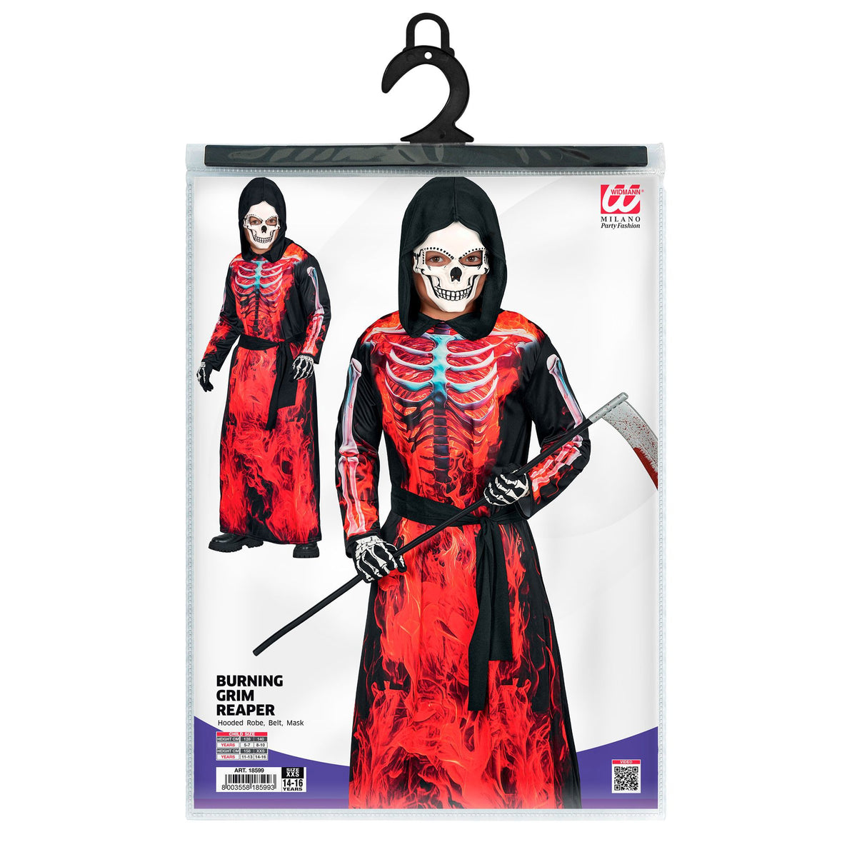 Costume Bambino Scheletro Demone Mietitore Tunica con Cappuccio e Maschera Horror Halloween