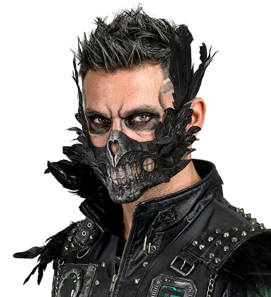 Mezza Maschera Teschio con Piume Nere Viso Scheletro Horror