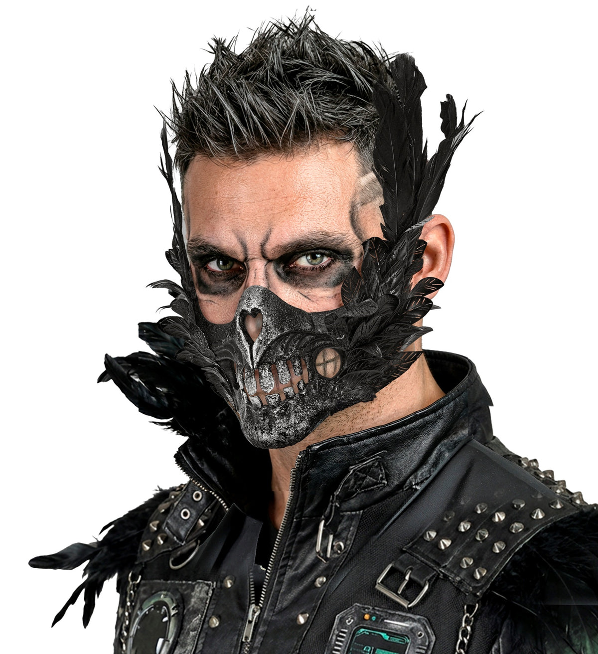Mezza Maschera Teschio con Piume Nere Viso Scheletro Horror