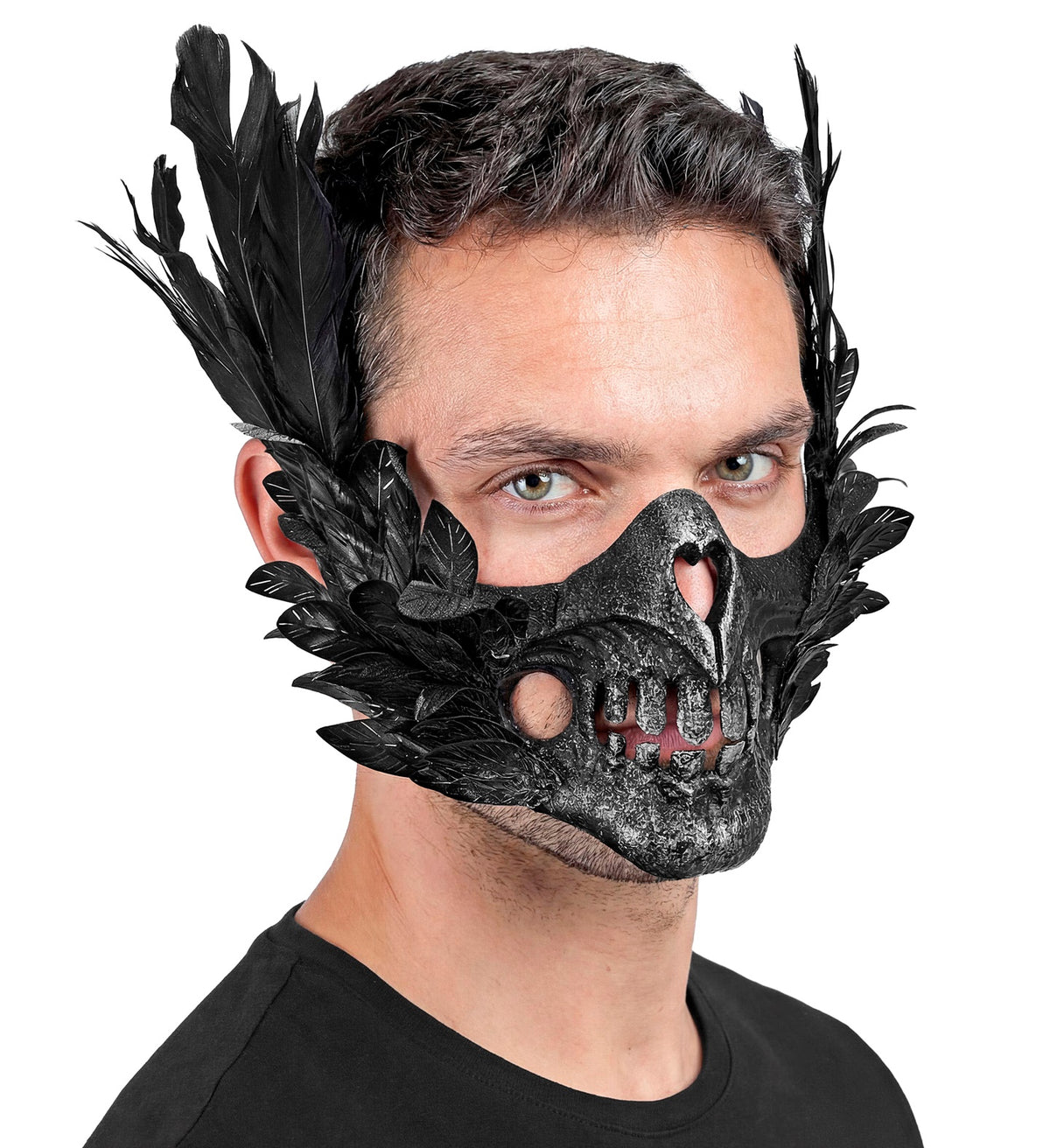 Mezza Maschera Teschio con Piume Nere Viso Scheletro Horror