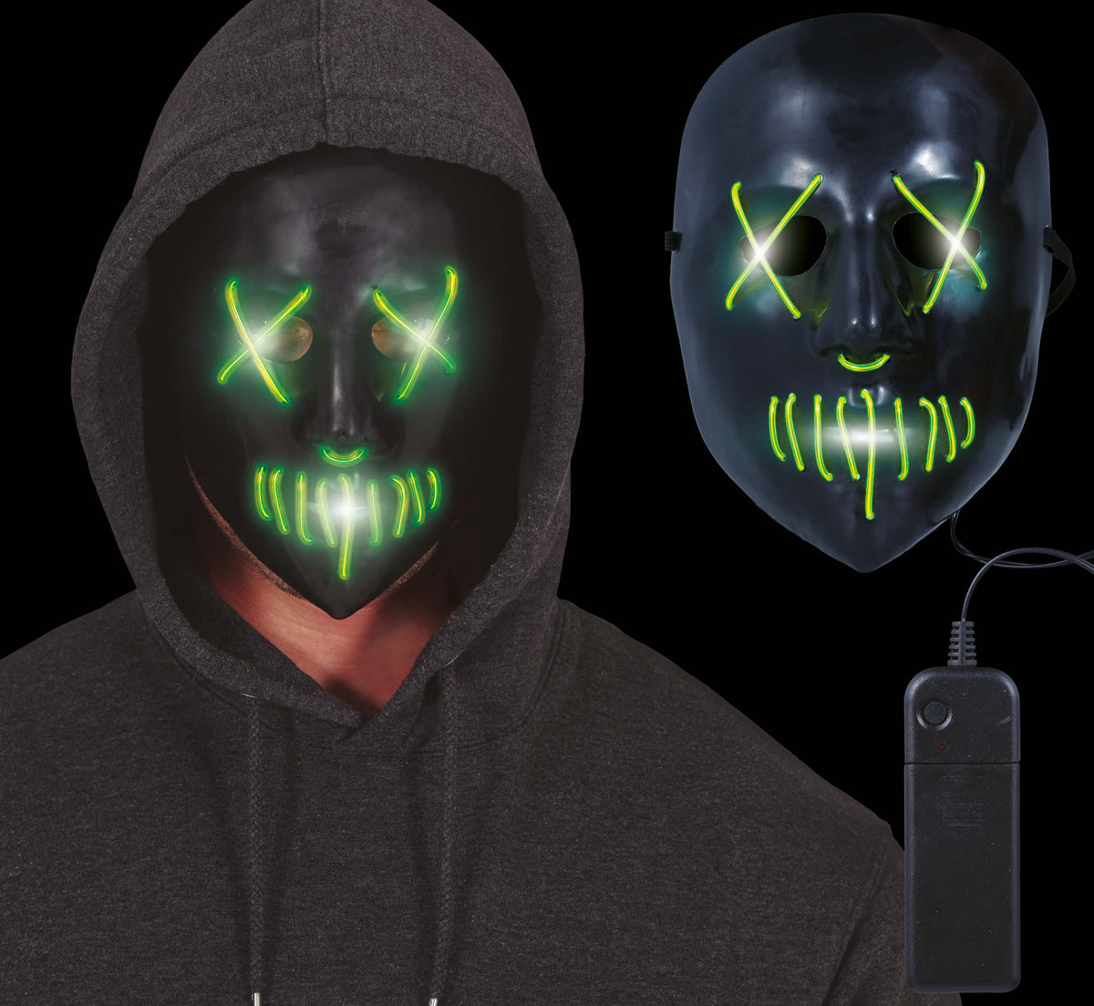 Maschera Rigida Volto Nero con Luci Verdi Horror Halloween