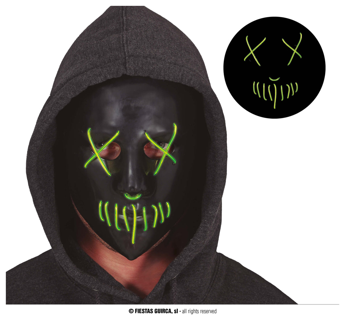 Maschera Rigida Volto Nero con Luci Verdi Horror Halloween