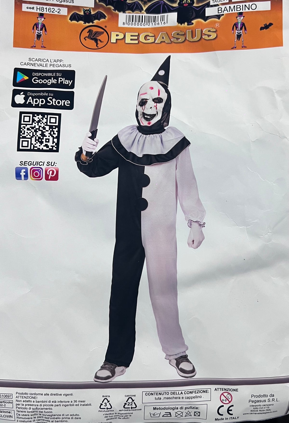 Costume Clown Malefico Art con Maschera e Cappello Tuta Pagliaccio Bambino Terrificante