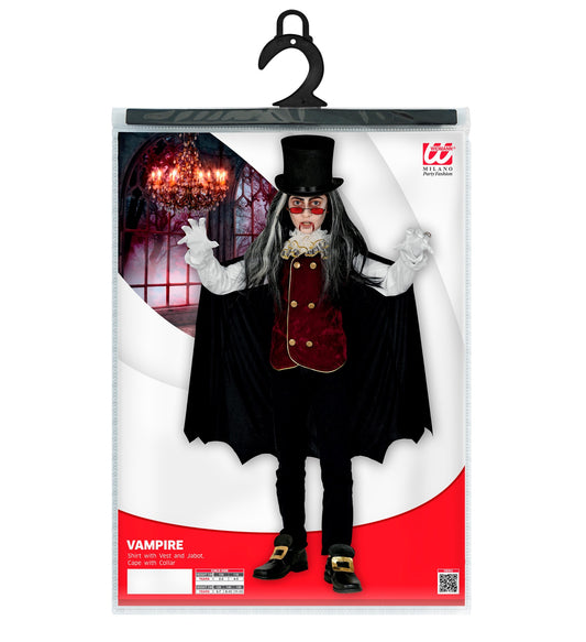 Costume Vampiro Bambino Maglia con Gilet in Vellutino Bordeaux Jabot e Mantello Conte Dracula Halloween