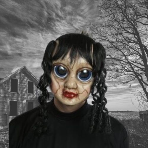 Maschera Bambola Horror Sally Triste con Capelli Neri Creepy Halloween