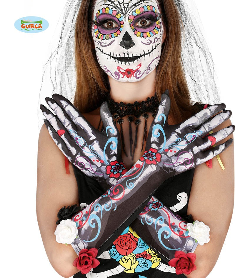 Guanti Avambraccio Catrina con Stampa Ossa Morte Messicana e Fiori guanti Catrina