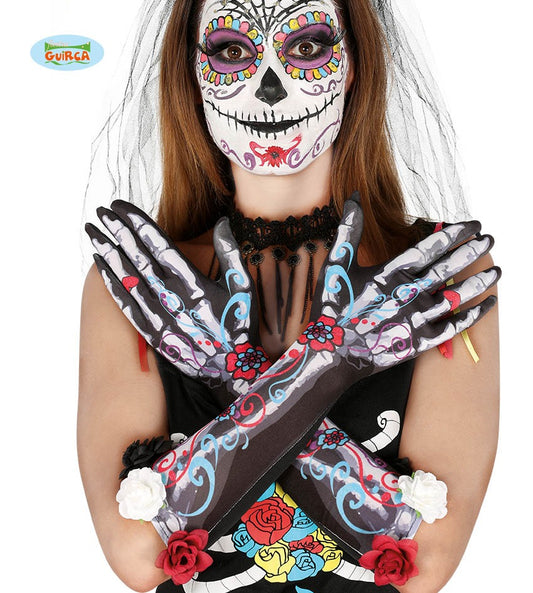 Guanti Avambraccio Catrina con Stampa Ossa Morte Messicana e Fiori guanti Catrina