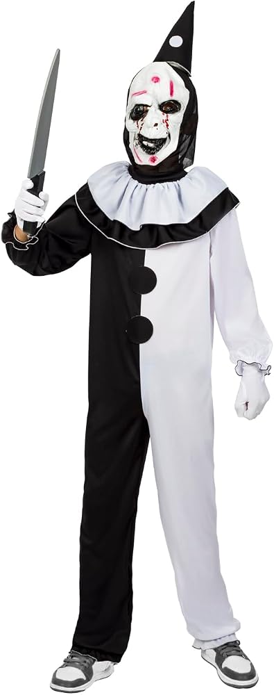 Costume Clown Malefico con Maschera e Cappello Tuta Pagliaccio Bambino Terrificante Made in Italy