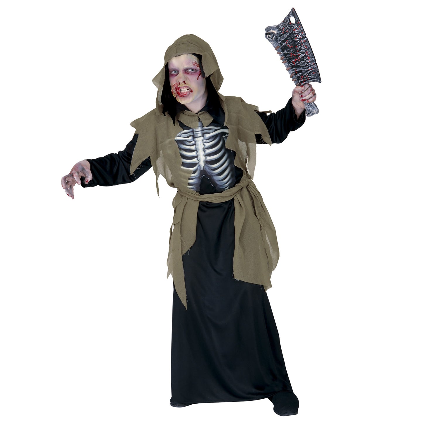 Costume Zombie con Tunica Cappuccio Cintura e Petto Olografico Scheletro Bambino Horror