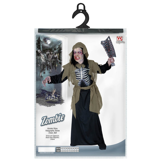 Costume Zombie con Tunica Cappuccio Cintura e Petto Olografico Scheletro Bambino Horror
