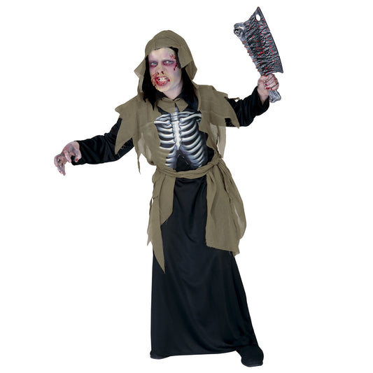 Costume Zombie con Tunica Cappuccio Cintura e Petto Olografico Scheletro Bambino Horror 1