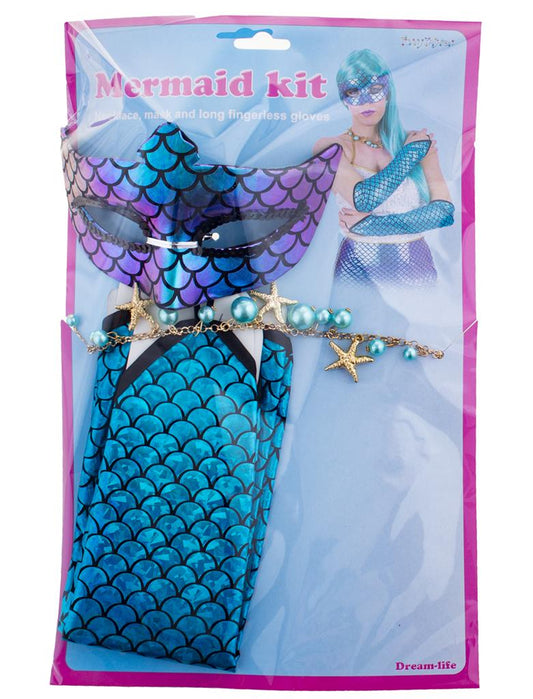 Set Sirena Maschera e Guanti a Squama Lucida e Collana con Conchiglie e Perle