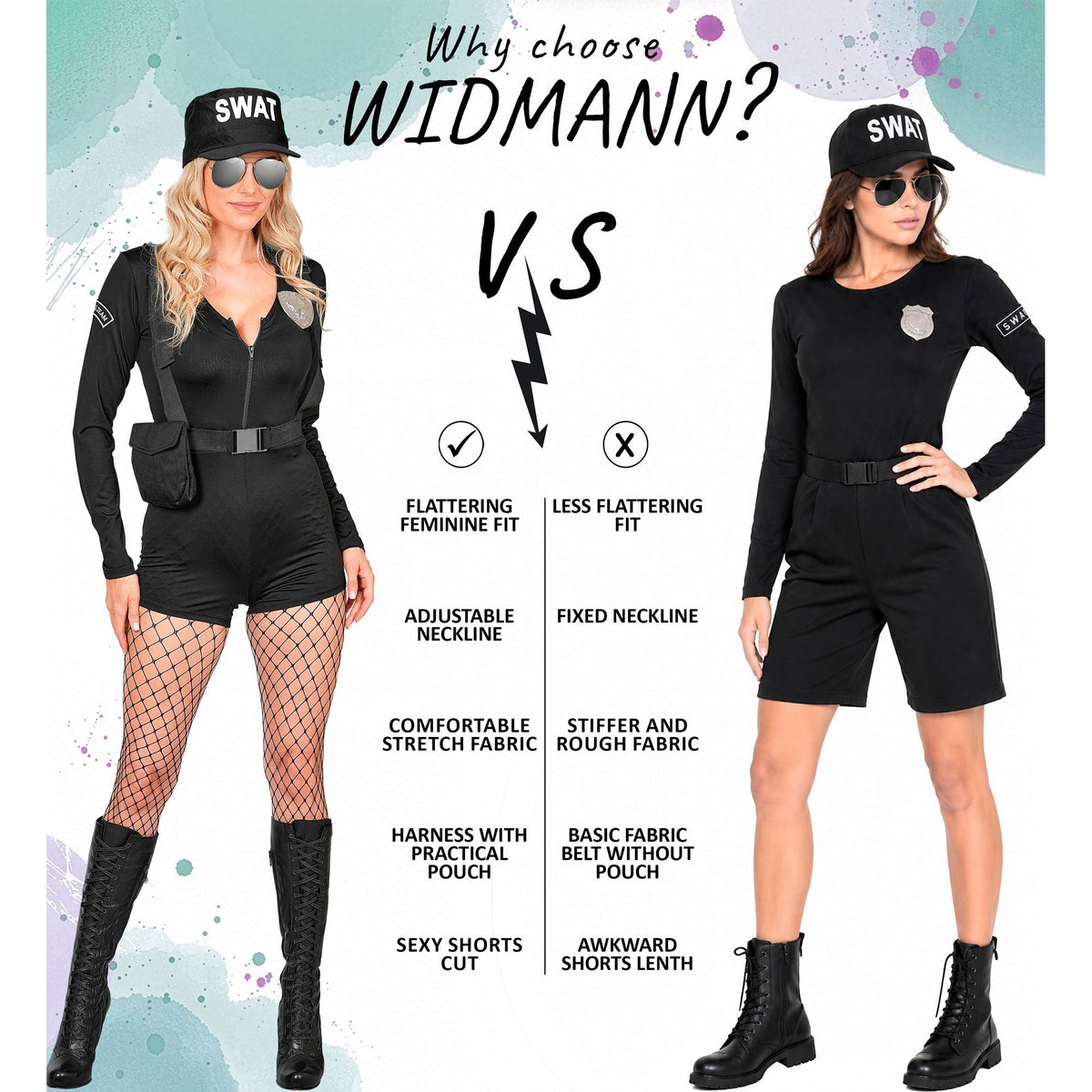 Costume S.W.A.T. Donna Nero Vestito Corto Nero Cintura Con Imbracatura Cappello e Badge Guardia