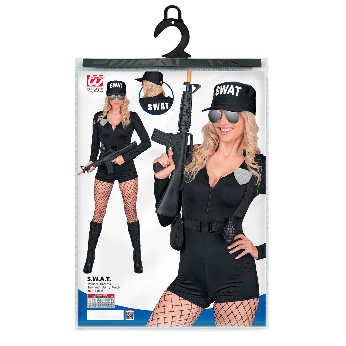 Costume S.W.A.T. Donna Nero Vestito Corto Nero Cintura Con Imbracatura Cappello e Badge Guardia