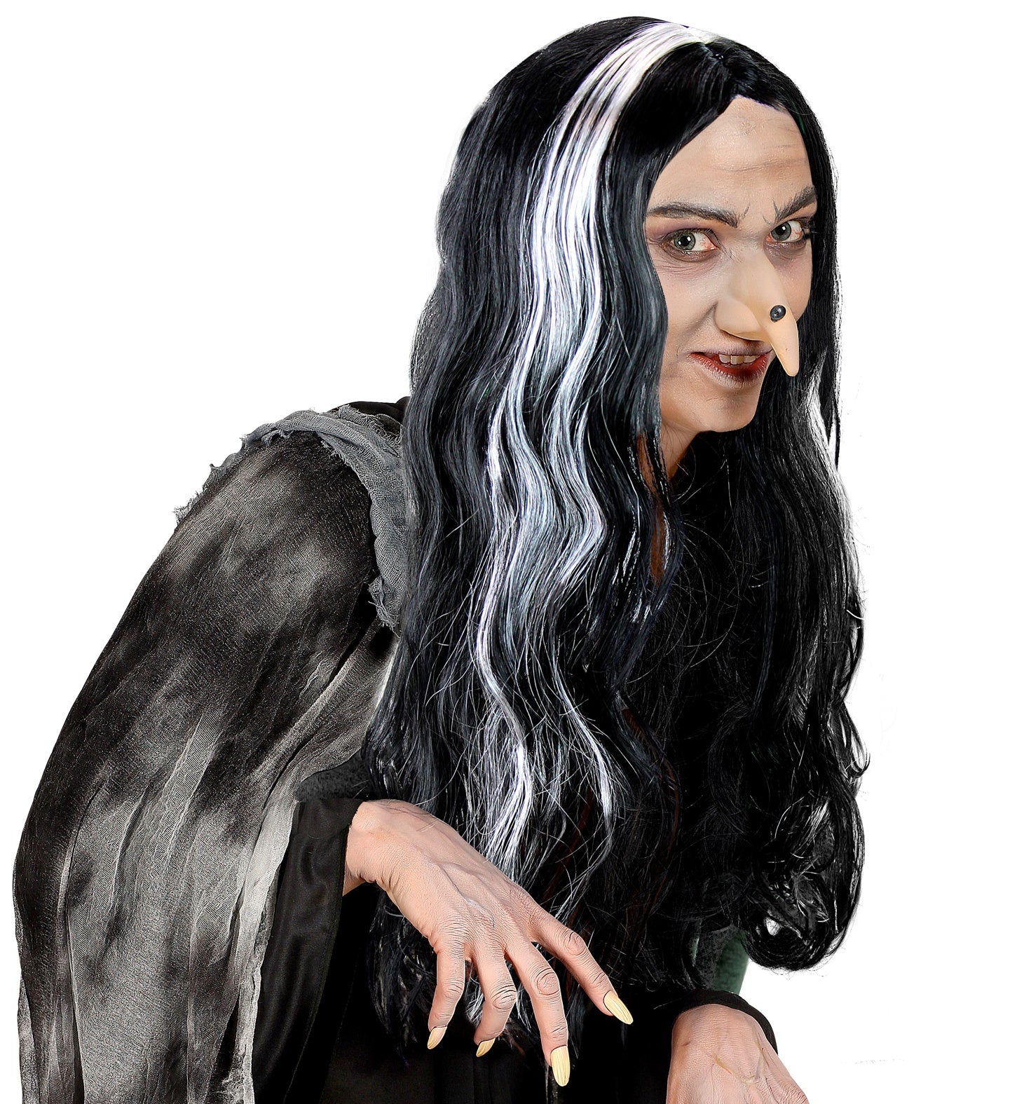 Parrucca Gotica Nera con Ciocche Bianche Morticia Addams 