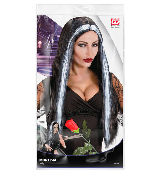 Parrucca Gotica Nera con Ciocche Bianche Morticia Addams